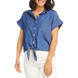 Karen Kane Womens Denim Tie Front Button Down Collar Blouse NWT